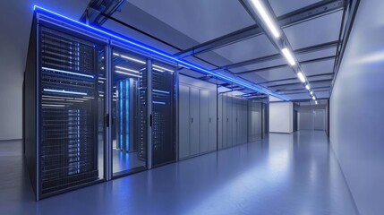 A modern data center with blue-lit server racks and sleek infrastructure, reflecting advanced cloud computing and security. Ideal for IT, cybersecurity, and digital storage