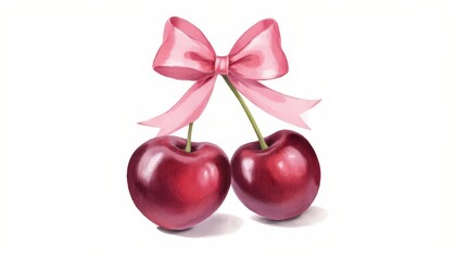 Watercolor burgundy cherries on the white background