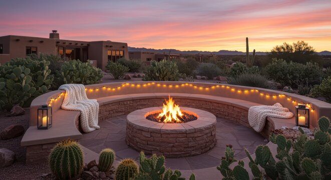 Enjoying Outdoor Fire Pit with Seating Area at Sunset in Arizona