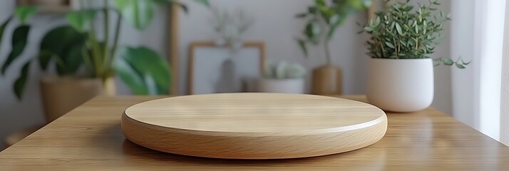 Fototapeta premium A sleek, circular wooden platform rests gracefully on a wooden base, perfect for presentations or elevated displays in a cozy, welcoming environment