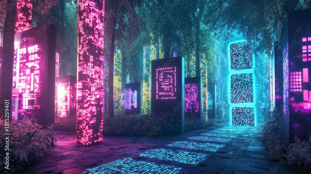 Canvas Prints a neon sign with a blue light is lit up in a forest. the sign is surrounded by trees and has a blue 