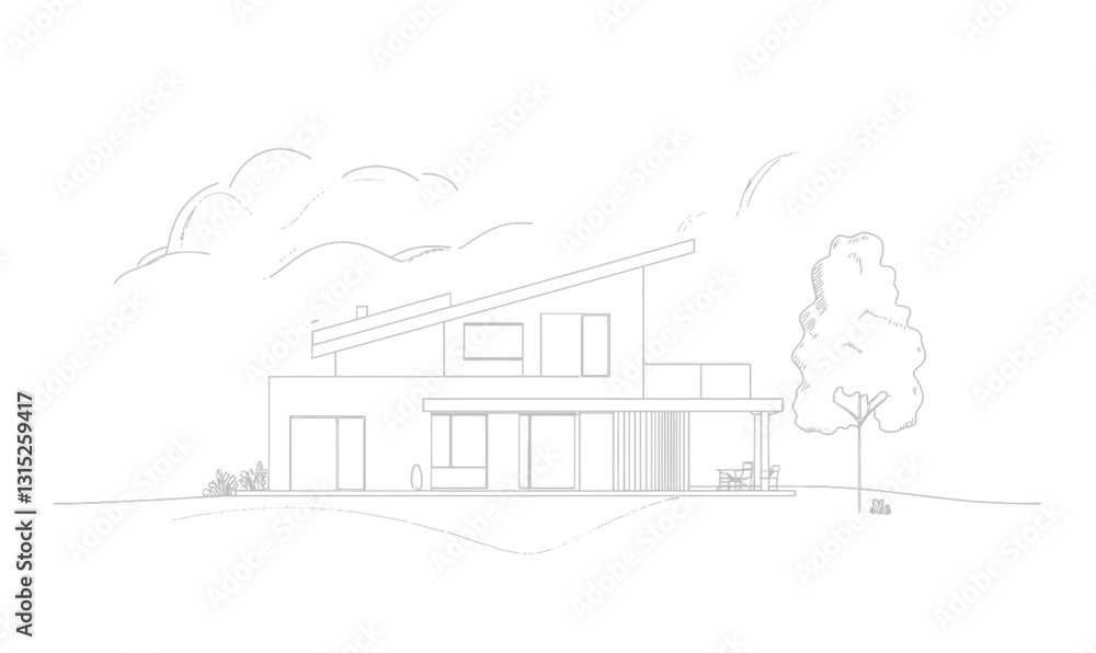 Poster minimalist modern home illustration with continuous line architecture design
