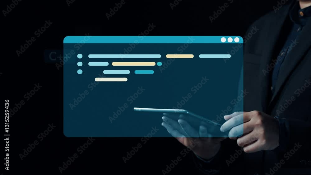 Poster Programmer engages with code through a digital interface, highlighting various programming languages and modern technology in a sleek, professional environment. Qubit