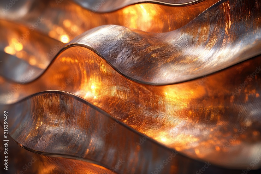 Aufkleber Abstract copper artwork with flowing, wavy forms illuminated from behind, creating a warm, metallic glow.