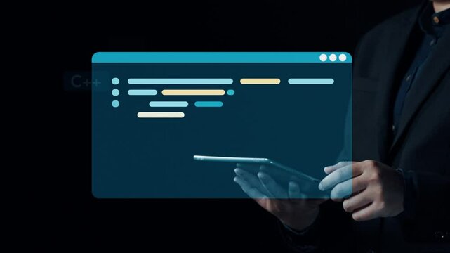 Programmer engages with code through a digital interface, highlighting various programming languages and modern technology in a sleek, professional environment. Qubit