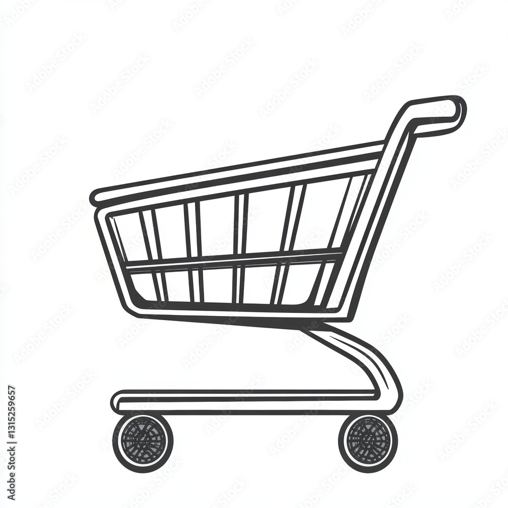 Poster a minimalist outline illustration of a shopping cart designed for e-commerce and retail contexts, em