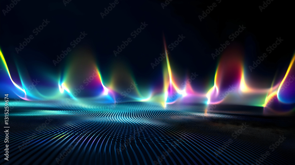 Poster vivid vibrant aurora borealis inspired light display with flowing waves of energy on a dark textured