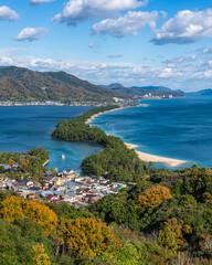 Fototapeta premium Stunning panoramic view in Amanohashidate during fall season. Monju, Miyazu, Kyoto, Japan.
