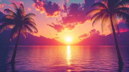 A lively sunset above a tropical beach, where palm trees cast shadows along the shore, forming a peaceful and scenic scene