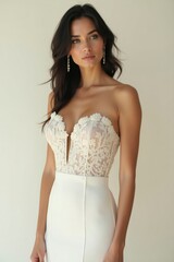 Elegant Woman in Lace Wedding Dress with Diamond Earrings Posing