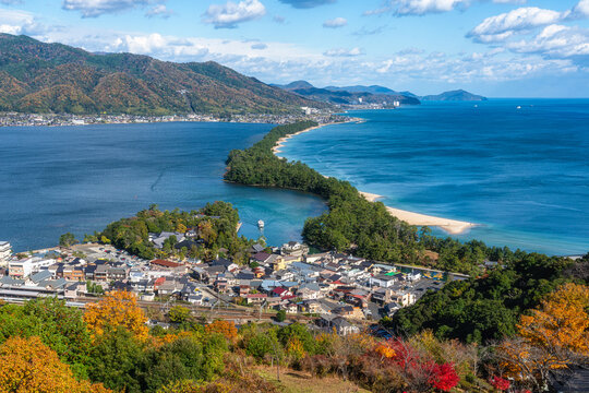 Stunning panoramic view in Amanohashidate during fall season. Monju, Miyazu, Kyoto, Japan.