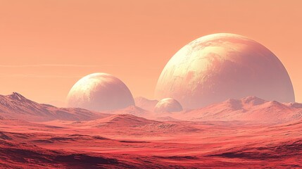 An expansive, dry terrain with rocky surfaces, far-off domes, and a striking sky, creating an aura of unearthly adventure