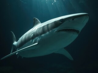 Obraz premium Massive great white shark silhouetted against dark aquarium background, black background, wildlife, monochrome photography