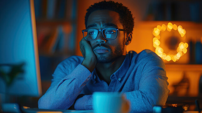 A thirty-year-old black man sits at a desk wearing glasses and a blue shirt, reading from a computer screen, holding his face between his fingers, his hand on his chin, stressed and tense from work.
