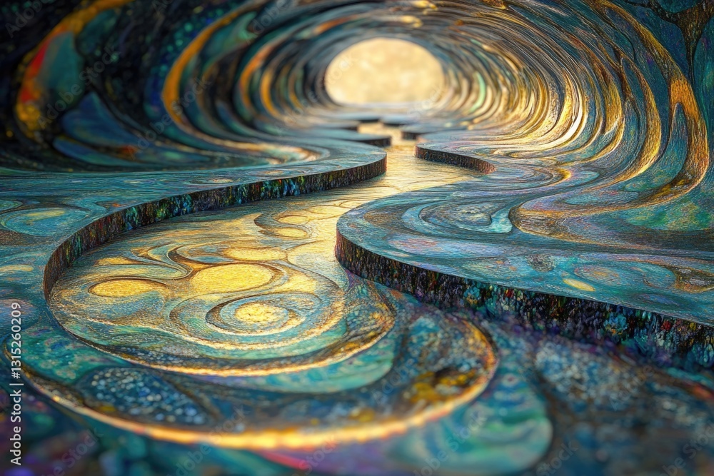 Poster Abstract swirling tunnel pathway with gold and teal patterns leading to light.