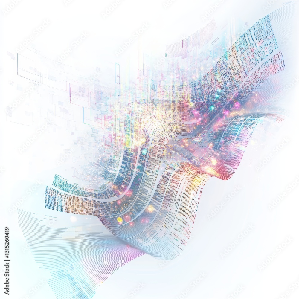 Poster this abstract image showcases flowing digital waves, symbolizing technology and data in a vibrant an