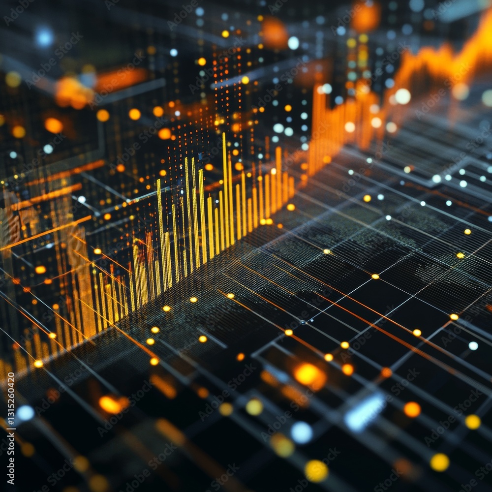 Poster dynamic abstract data visualization with orange and yellow graphs on dark background