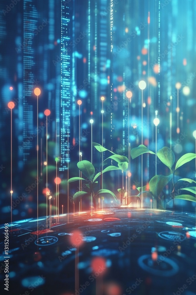 Poster digital landscape with green plants and illuminated data streams in a futuristic environment