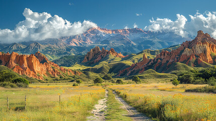 Fototapeta premium Scenic dirt road winds through a colorful valley with red rock formations, lush greenery, and a mountain range under a bright sky.