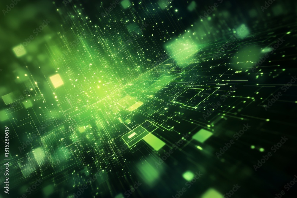 Poster dynamic flow of green light and data particles in an abstract technological environment
