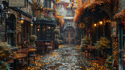 Quaint, autumnal alleyway lined with cozy pubs and restaurants.  Fallen leaves litter the cobblestone path.