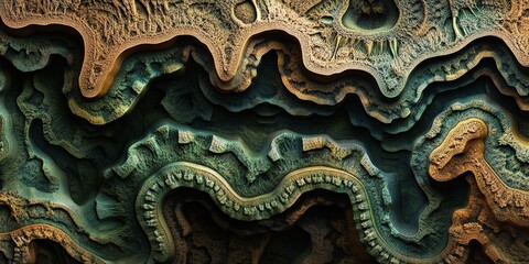 Striated Terrain Abstract, Green and Tan Canyon Layers Texture Design