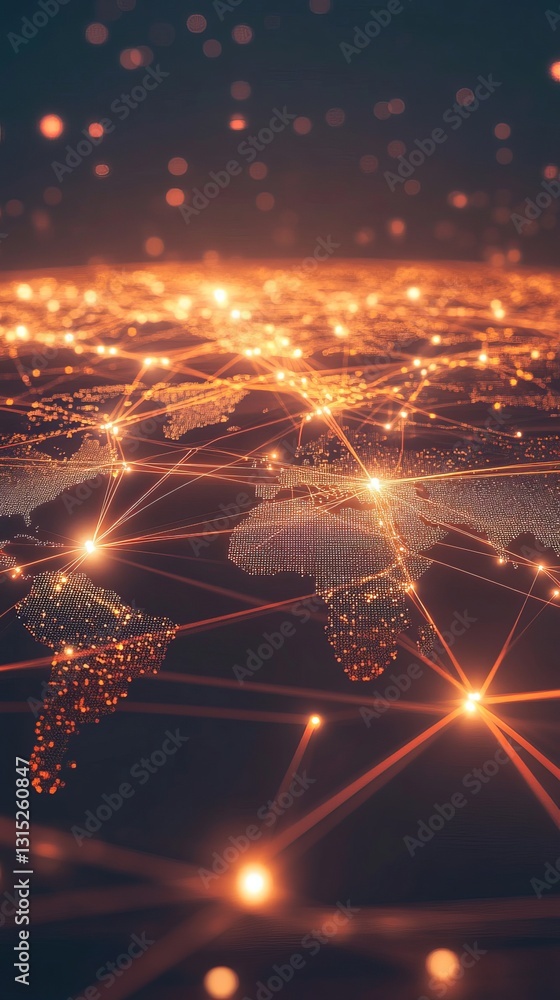 Poster vibrant illustration of global connectivity featuring bright network lines and points over a world m