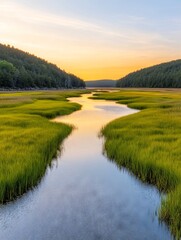 Obraz premium Serene River Winding Through Marsh at Sunrise