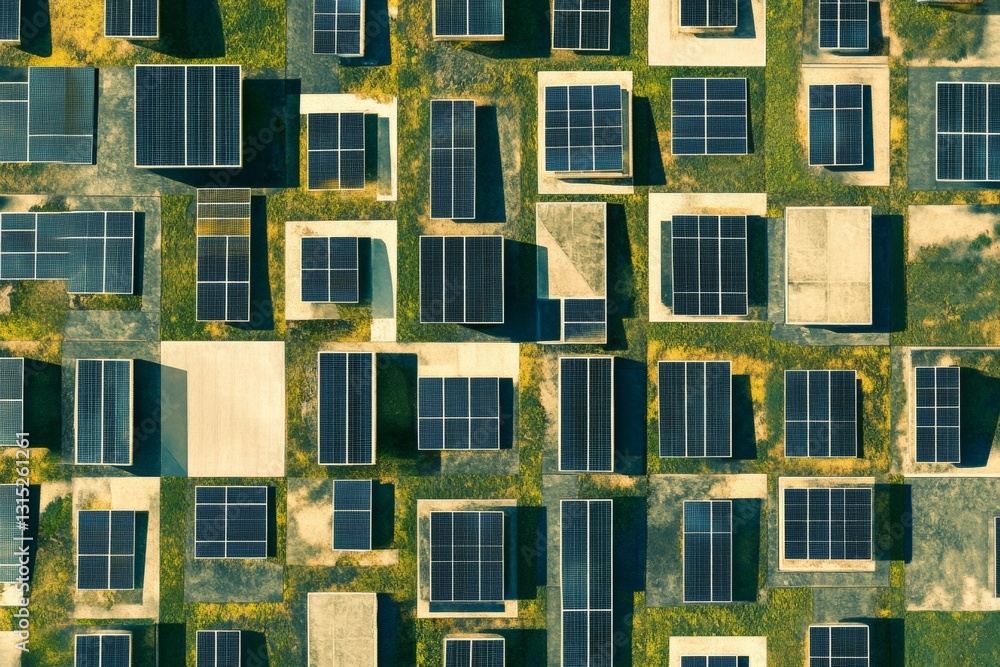 Poster this aerial image showcases an extensive array of solar panels installed on roofs in an urban settin