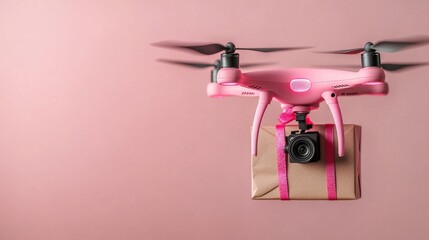 A festive and tech-savvy atmosphere is created as a drone, adorned with colors, hovers by a gift box against a radiant, illuminated backdrop