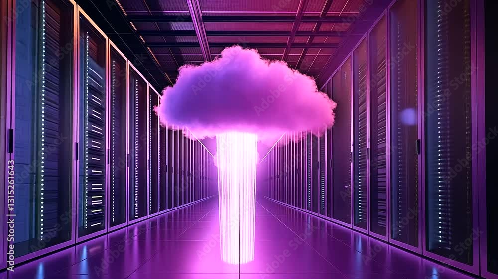 Poster A digital cloud hovering above a network of servers in a modern data center, with illuminated server racks reflecting the transition to cloud technology, symbolizing cloud migratio