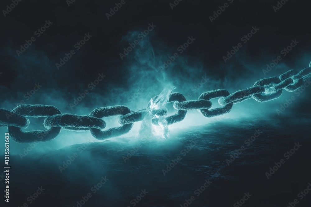 Poster a visual representation of a breaking chain in a dark ocean, surrounded by mist. this image symboliz