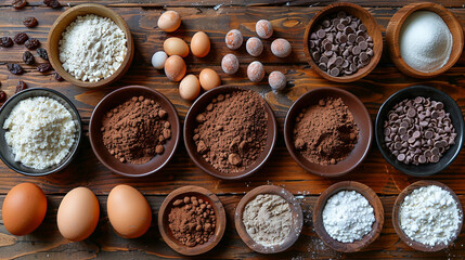 Various baking ingredients arranged on a wooden table.  Eggs, flour, cocoa powder, chocolate chips, and other baking supplies are displayed in small bowls.