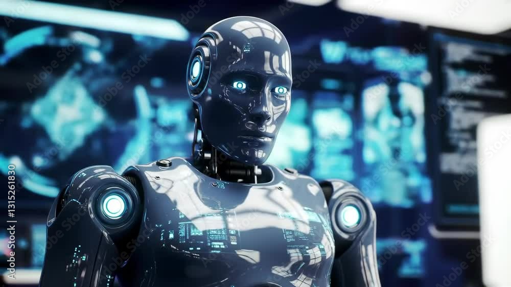 Poster the image shows a futuristic robot with a metal body and glowing blue eyes. the background is blurre