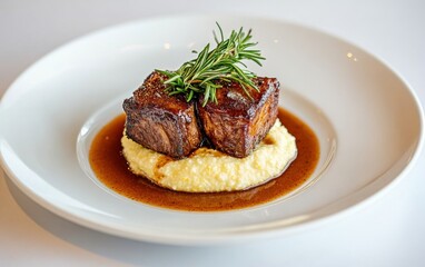 Short ribs served with creamy polenta and garnished with fresh rosemary at a fine dining restaurant