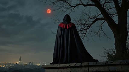 A solitary vampire dressed in a dark cloak gazes at a blood red moon while standing on a stone ledge with a serene town illuminated in the distance