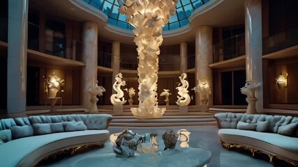 interior of a luxurious aristocratic living room, night lighting of the room, expensive chandelier, white soft sofa