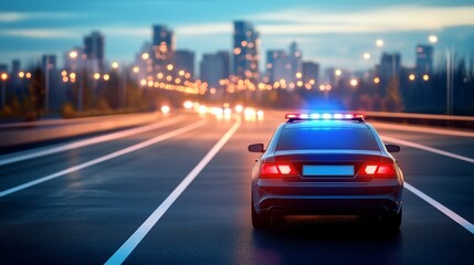 Naklejka premium As night falls, a little police car drives through a vivid, light-filled city street, surrounded by lively buildings and soft, shimmering bokeh lights