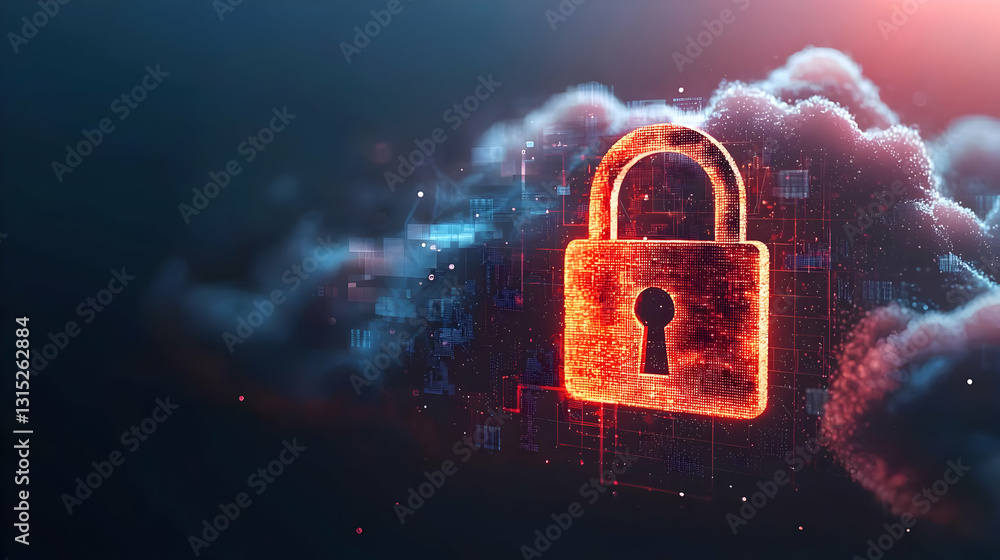 Poster glowing orange digital padlock icon emerging from pixelated clouds symbolizing cloud data security