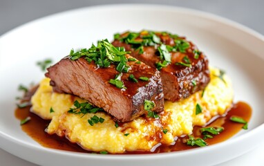 Tender braised short ribs served on creamy polenta with fresh herbs and flavorful sauce