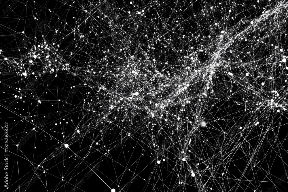 Poster This image features an abstract network of interconnected lines and dots on a black background, symbolizing digital communication and connectivity in a modern world.