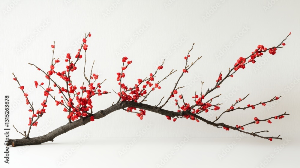 Poster red branch with red berries on it. the branch is long and thin, and it is the only thing in the imag