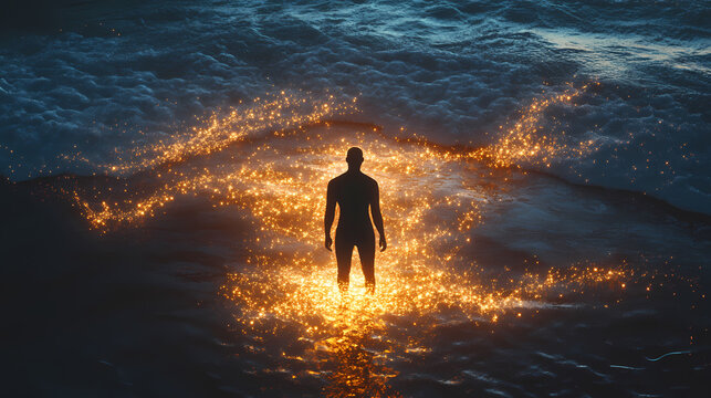 Man surrounded by glowing light and neural patterns symbolizing the intersection of consciousness energy and the boundless potential of human thought. Boundless - Ocean. Illustration