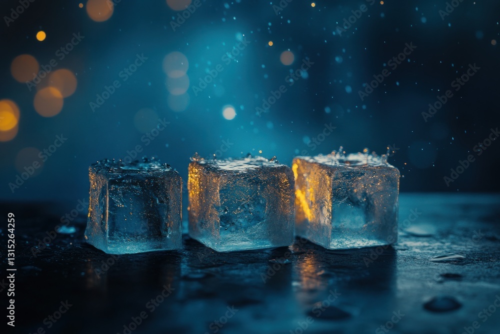 Poster three ice cubes on dark surface with bokeh.