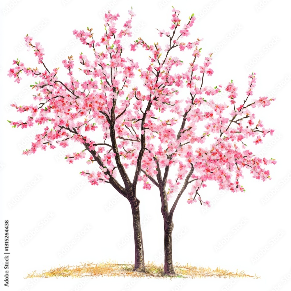 Poster two pink trees with pink blossoms. the trees are in a field and are the only trees in the image