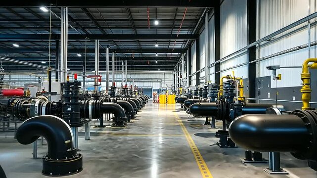 A bright, spacious oil and gas plant with thick gas pipelines arranged along the walls, some valves open and others closed, creating a vivid contrast between the dark pipes and bri