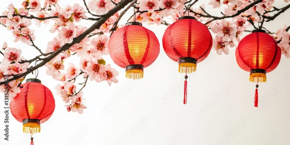Poster four red lanterns hanging from a tree branch. the lanterns are lit and the tree is covered in pink b