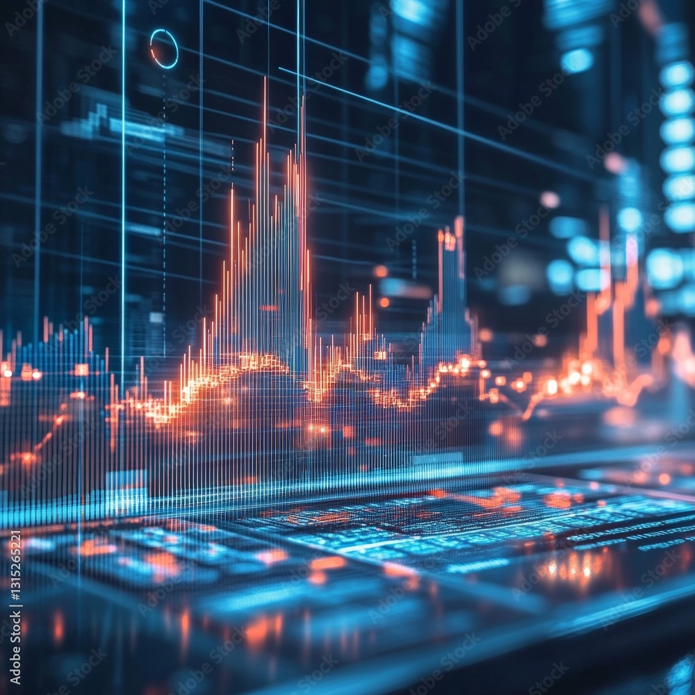 Poster futuristic data visualization with colorful graphs and statistics representing digital trends