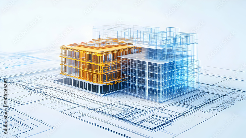Poster 3d render of a modern architectural building design with a gold and blue wireframe structure on a wh
