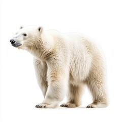 Polar bear stands on a white background. The bear is large and has a thick coat of fur